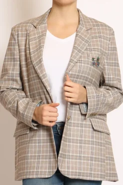 Tensione In Giacca fantasia check c/spilla camel/blu/celeste