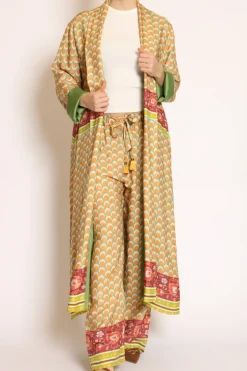 Wu'Side Kimono lungo fantasia verde/arancio/mattone