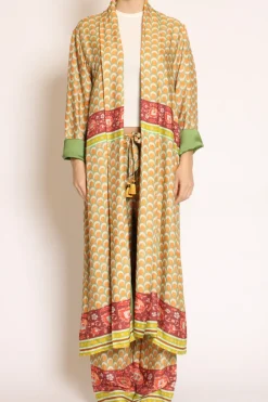 Wu'Side Kimono lungo fantasia verde/arancio/mattone