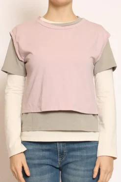 Set tre t-shirt in jersey elasticizzato rosa/taupe/burro