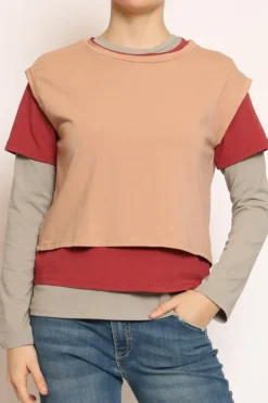 Set tre t-shirt in jersey elasticizzato peach/cherry/taupe