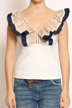 Have one Top scollo a V con volant bianco/beige/blu