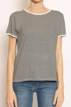 Zeroassoluto T-shirt righe fine con macramu00e8 bianco/nero