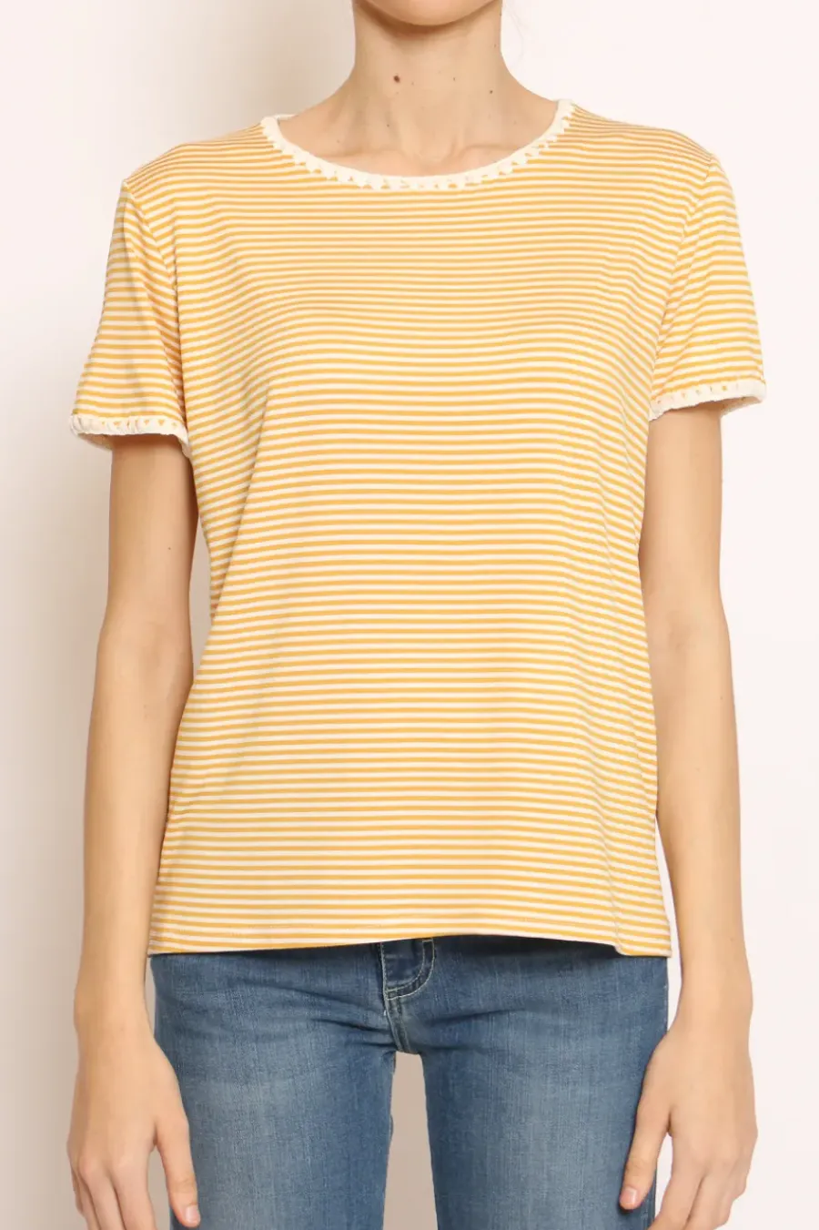 Zeroassoluto T-shirt righe fine con macramu00e8 bianco/senape