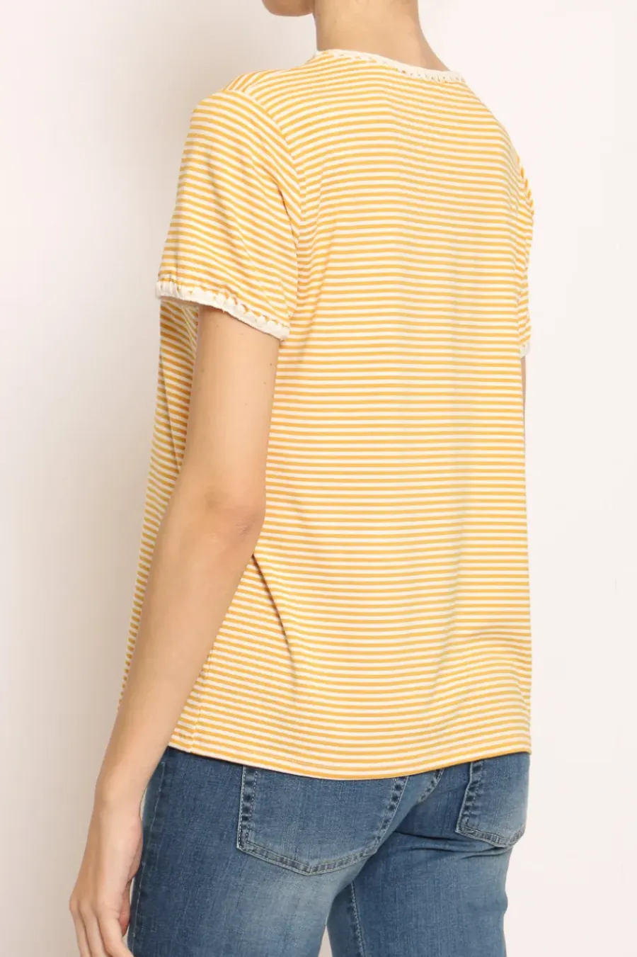 Zeroassoluto T-shirt righe fine con macramu00e8 bianco/senape