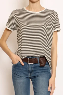 Zeroassoluto T-shirt righe fine con macramu00e8 bianco/militare