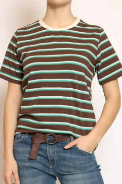 Zeroassoluto T-shirt righe girocollo moka/azzurro/verde