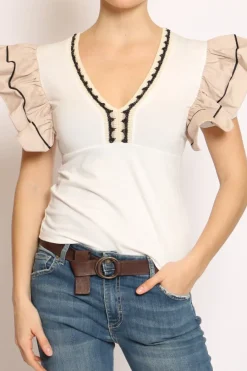 Have one T-shirt scollo V manica volant righina bianco/beige